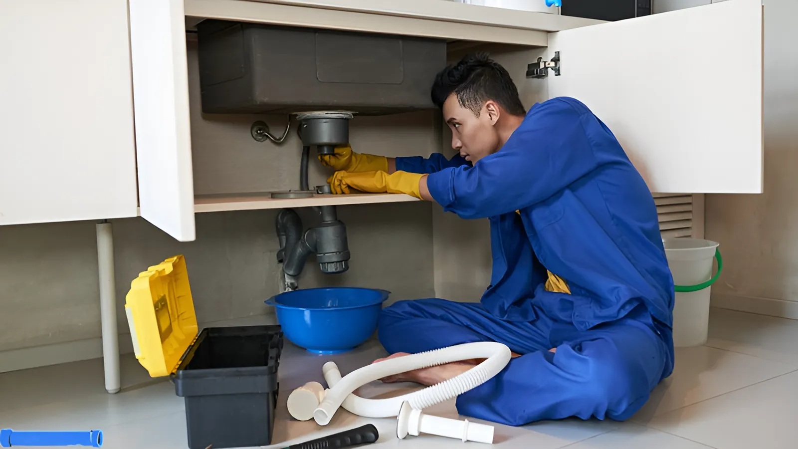nhân viên đang xử lý đường ống