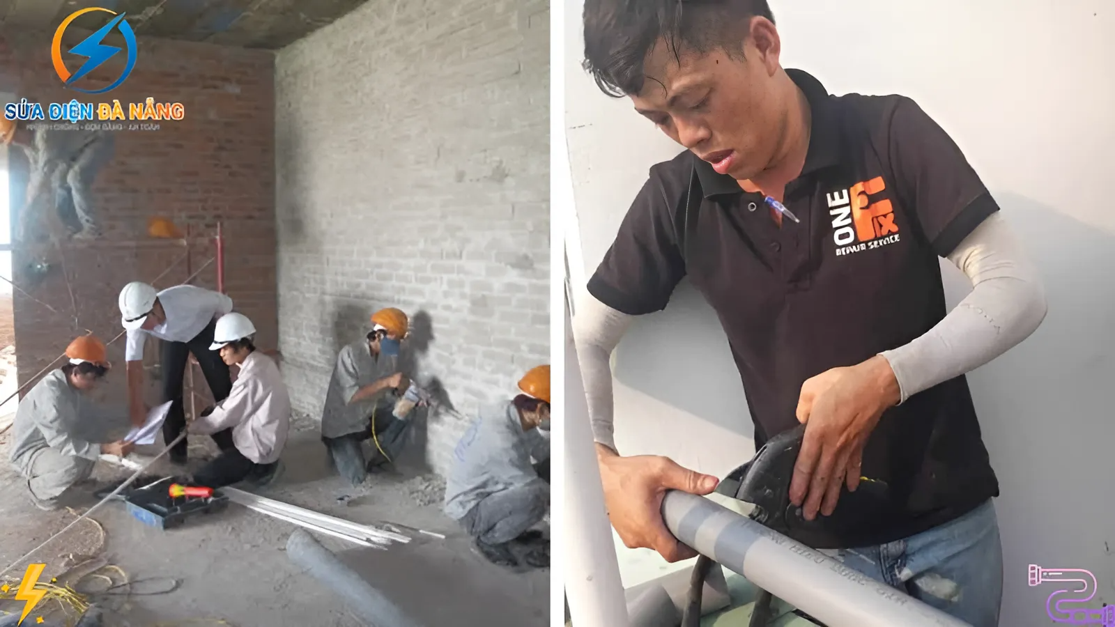nhân viên đang lắp đặt hệ thống điện nước